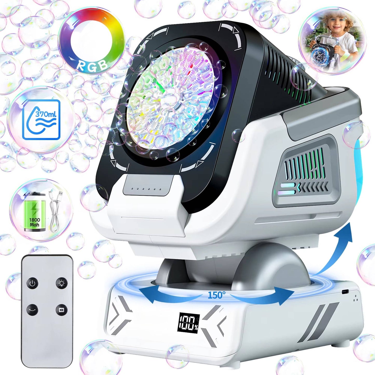 Automatic Bubble Machine with 150-Degree Rotation and 9-Color LED Lighting