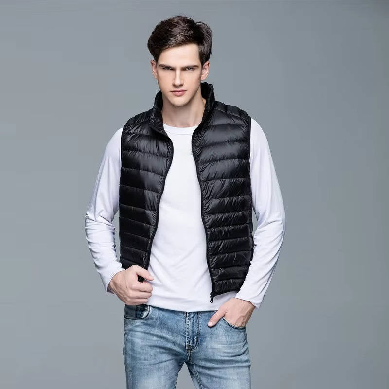 Down Fill Vest with Water Resistant Shell and Stand Up Collar, Packable