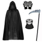 Grim Reaper Costume with Glowing Red Eyes and Skeleton Gloves, Three Piece Scythe