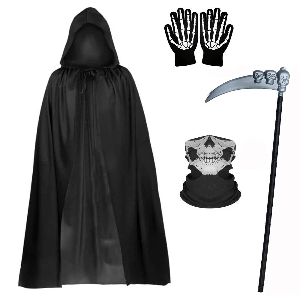 Grim Reaper Costume with Glowing Red Eyes and Skeleton Gloves, Three Piece Scythe