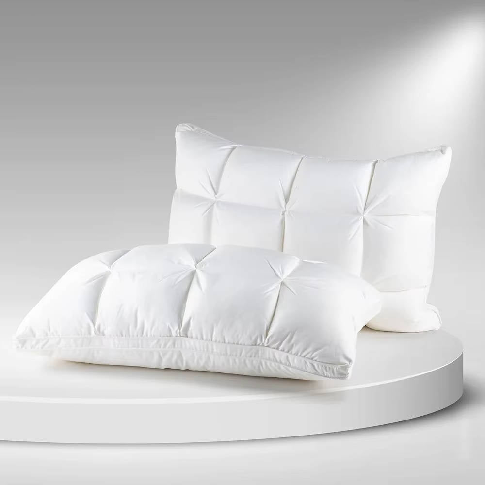 Soft Quilted Puff Grid Design Pillow, Fluffy Breathable Support for Side, Back & Stomach Sleepers, Plush Bed Pillow