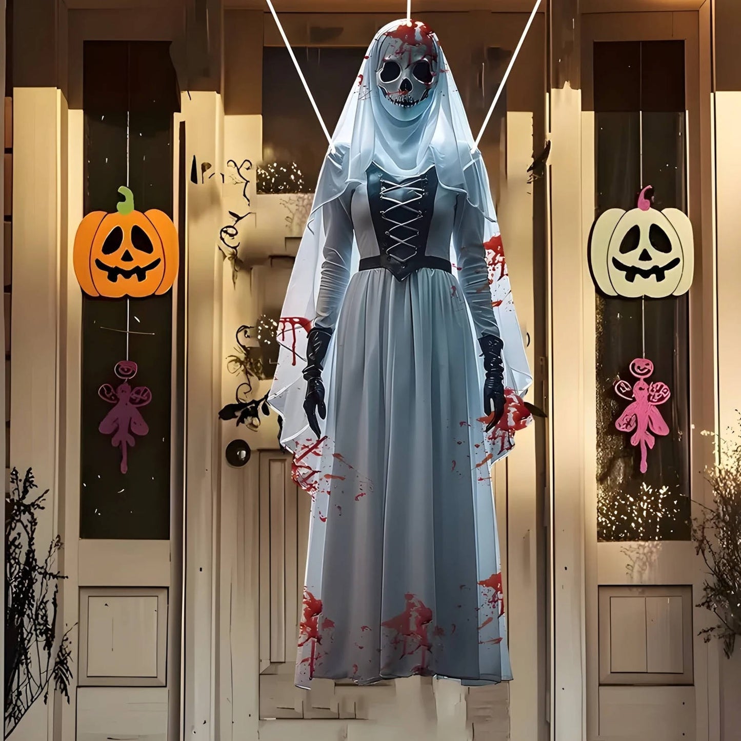 Skull Bride Halloween Hanging Decoration with Weather Resistant Fabric and Included Hooks