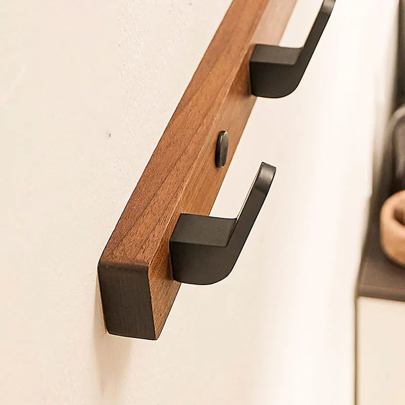 Wall Coat Rack with Solid Wood Backplate and Steel Hooks, Matte Black Finish, 4 Hooks