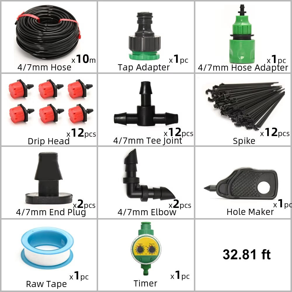 Automatic Garden Watering System with Programmable Timer and Adjustable Drip Heads