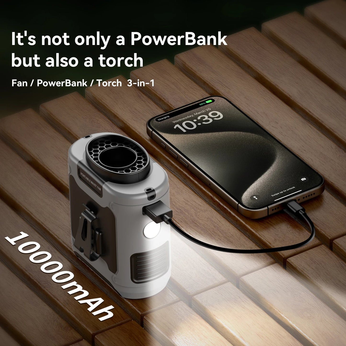 Wearable Waist Fan with 10000mAh Battery and LED Light, Phone Charging