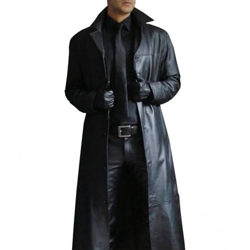 Men's Long Trench Coat with PU Outer Shell and Polyester Lining, Slim Fit