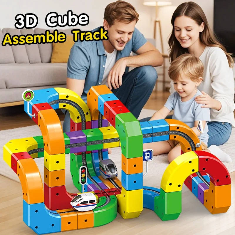Motorized Magnetic Train Set with Flexible Track Cubes and Traffic Signs