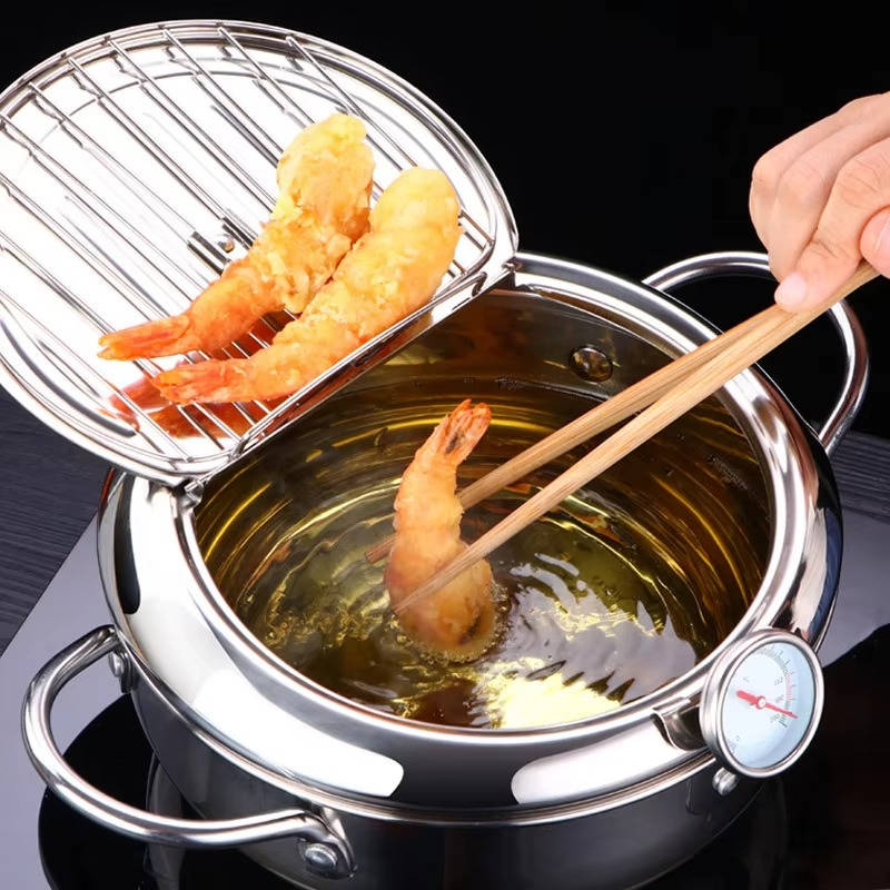 Deep Frying Pot with Splash Guard Lid and Built-in Thermometer, Wire Drain Rack