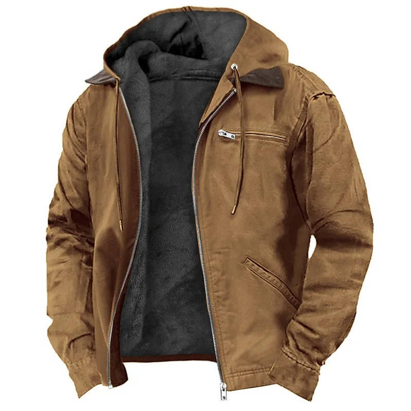 Men's Fleece Jacket with Adjustable Hood and Full-Length Zipper