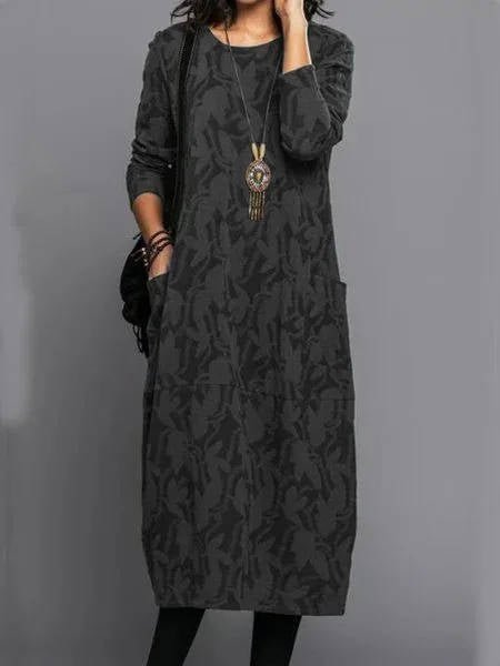 Floral Midi Dress with Long Sleeves and Side Pockets