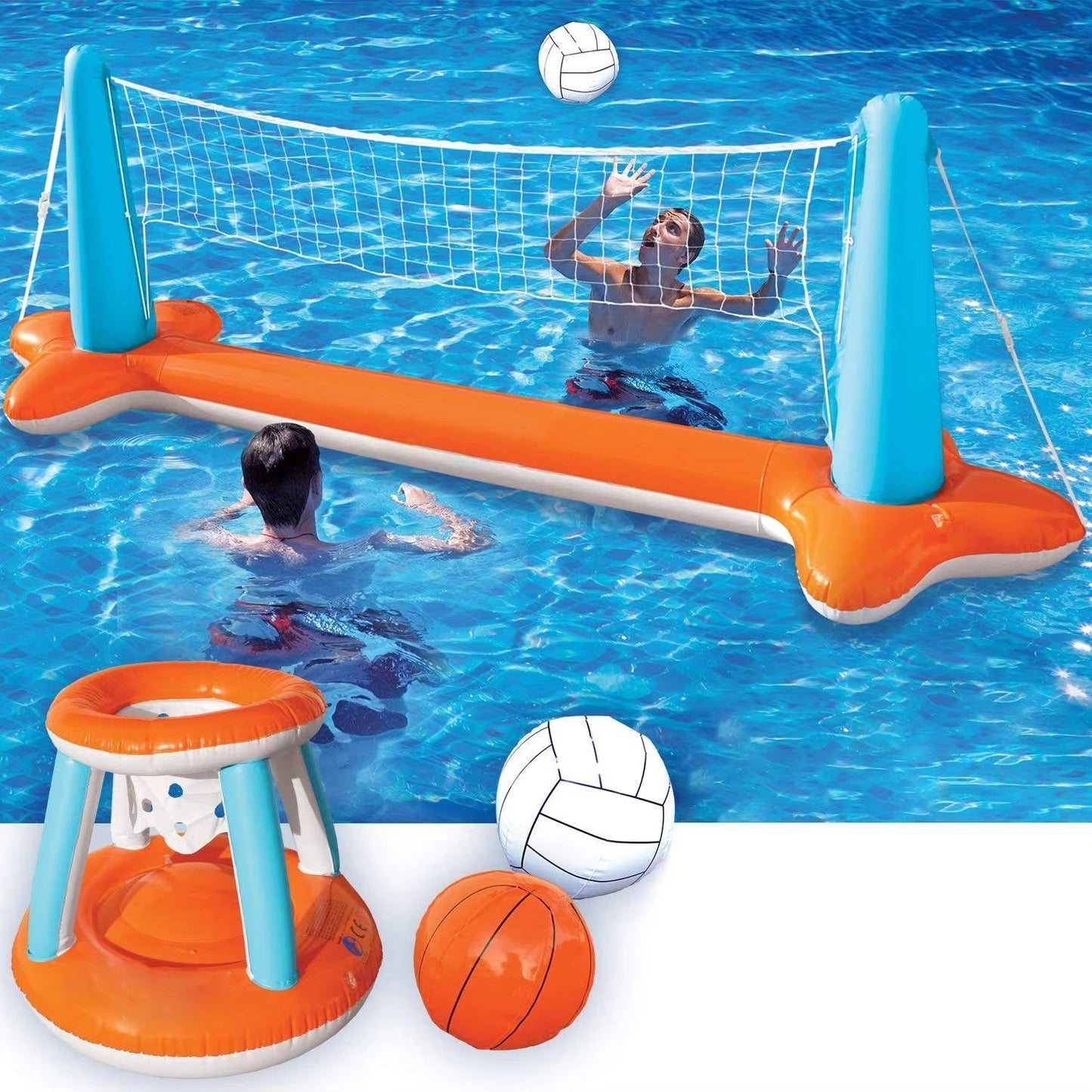 Inflatable Pool Volleyball Net, Pool Games for Kids and Adult, Included Basketball Hoops