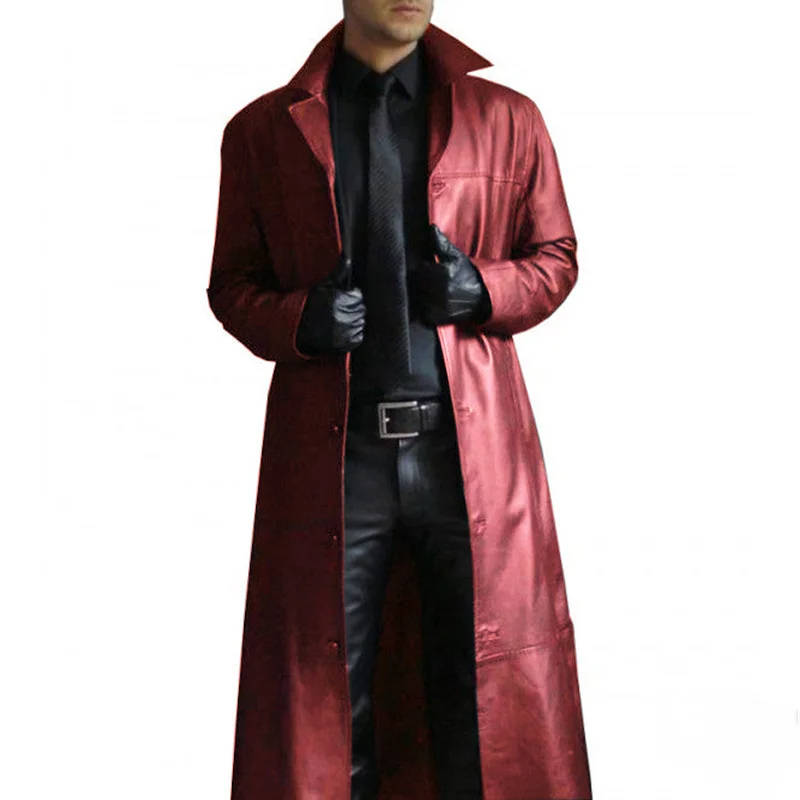 Men's Long Trench Coat with PU Outer Shell and Polyester Lining, Slim Fit