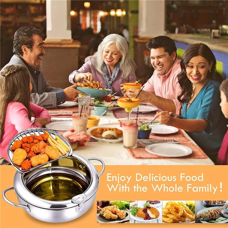 Deep Frying Pot with Splash Guard Lid and Built-in Thermometer, Wire Drain Rack