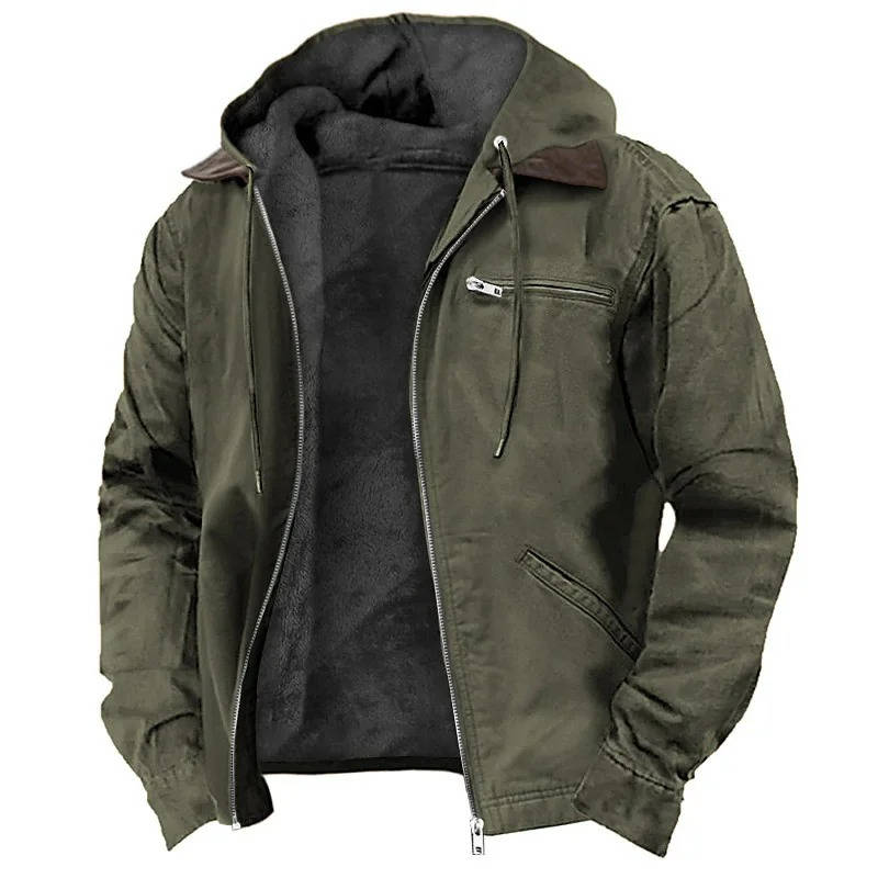 Men's Fleece Jacket with Adjustable Hood and Full-Length Zipper