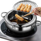 Deep Frying Pot with Splash Guard Lid and Built-in Thermometer, Wire Drain Rack