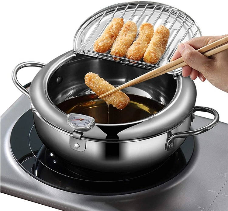 Deep Frying Pot with Splash Guard Lid and Built-in Thermometer, Wire Drain Rack