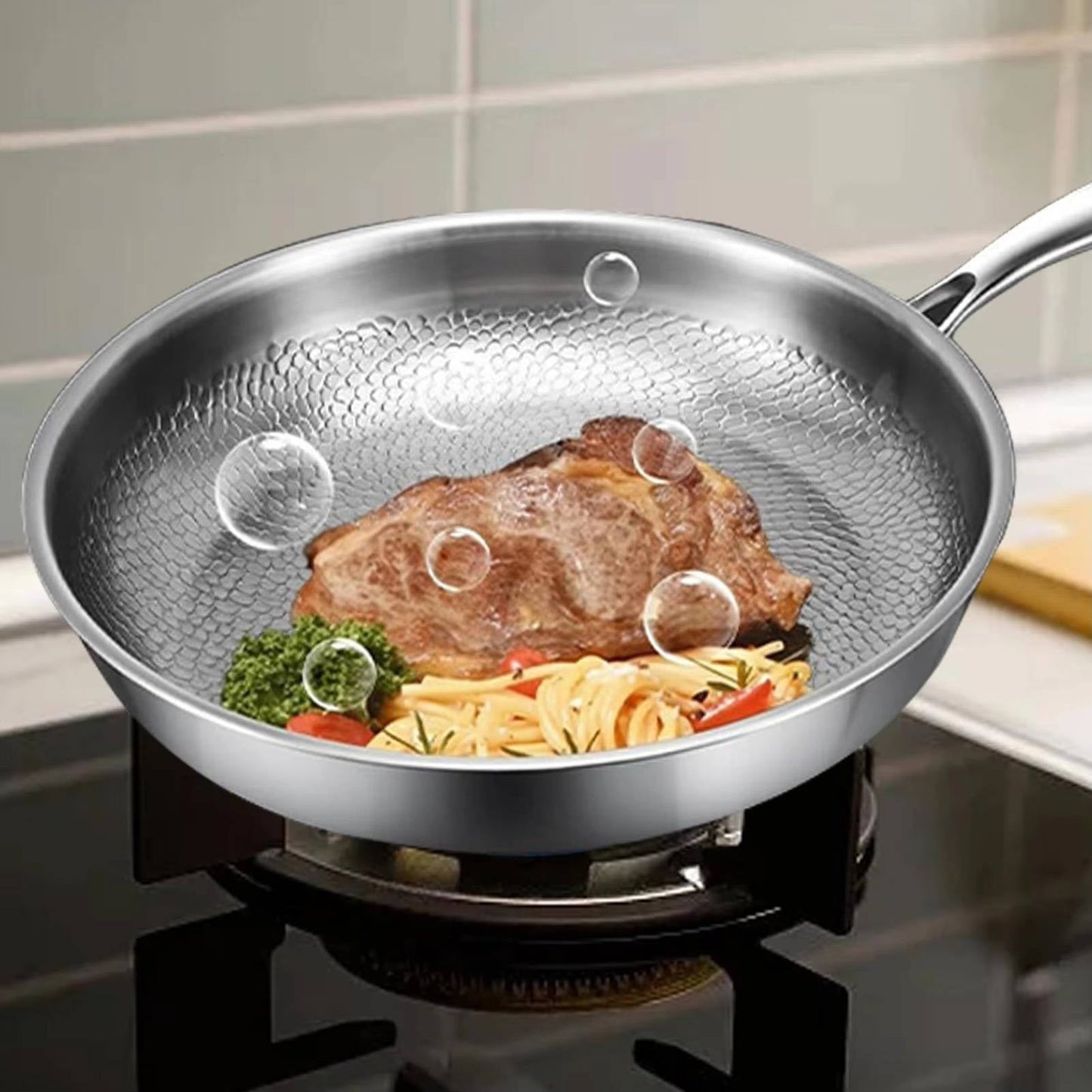 Titanium Steel Skillet with Fish Scale Texture and Curved Rim, Multi-Stove Compatible