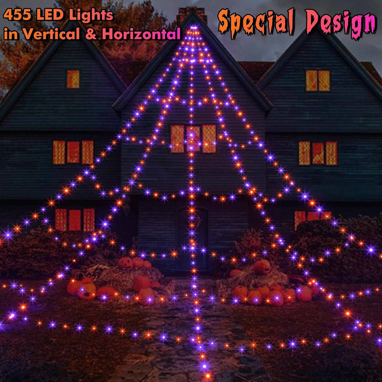455 LED Halloween Spider Web Lights, 16.4 FT Giant Spider Web with Remote and 8 Lighting Modes