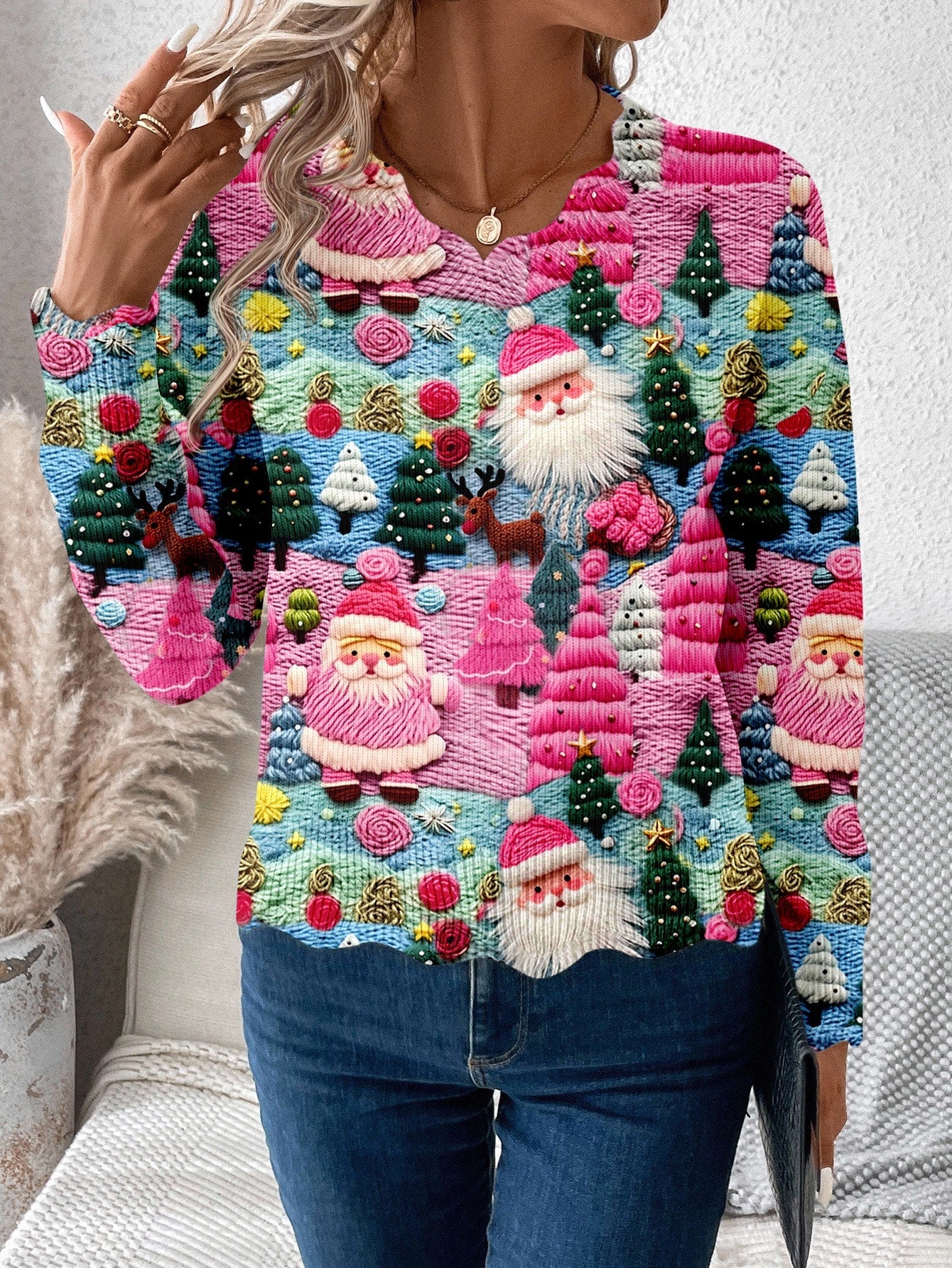 Womens Pullover Sweater with Multicolor Christmas Pattern and Scalloped Hem Detail