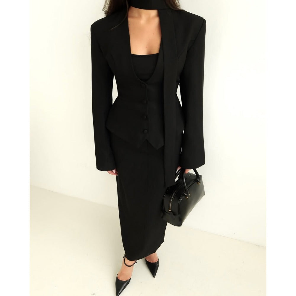 Women's Long Sleeve Blazer with Attached Scarf and Tailored Fit, Single-Breasted