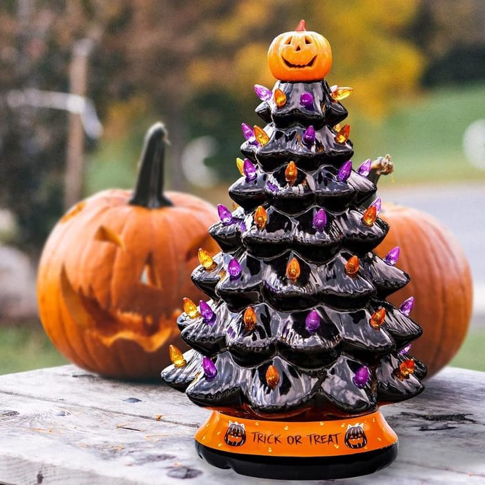 LED Ceramic Holiday Tree with Purple and Orange Beads and Hand-Painted Finish