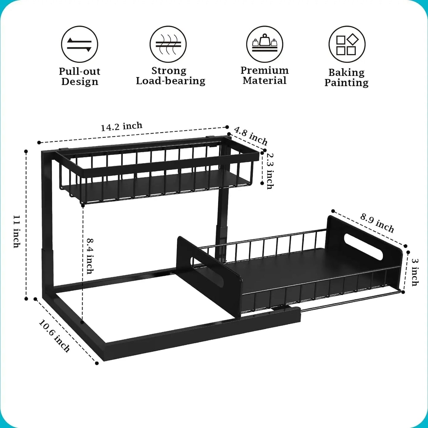 Slide Out Under Sink Organizer with Dual Tiers and Carbon Steel Frame