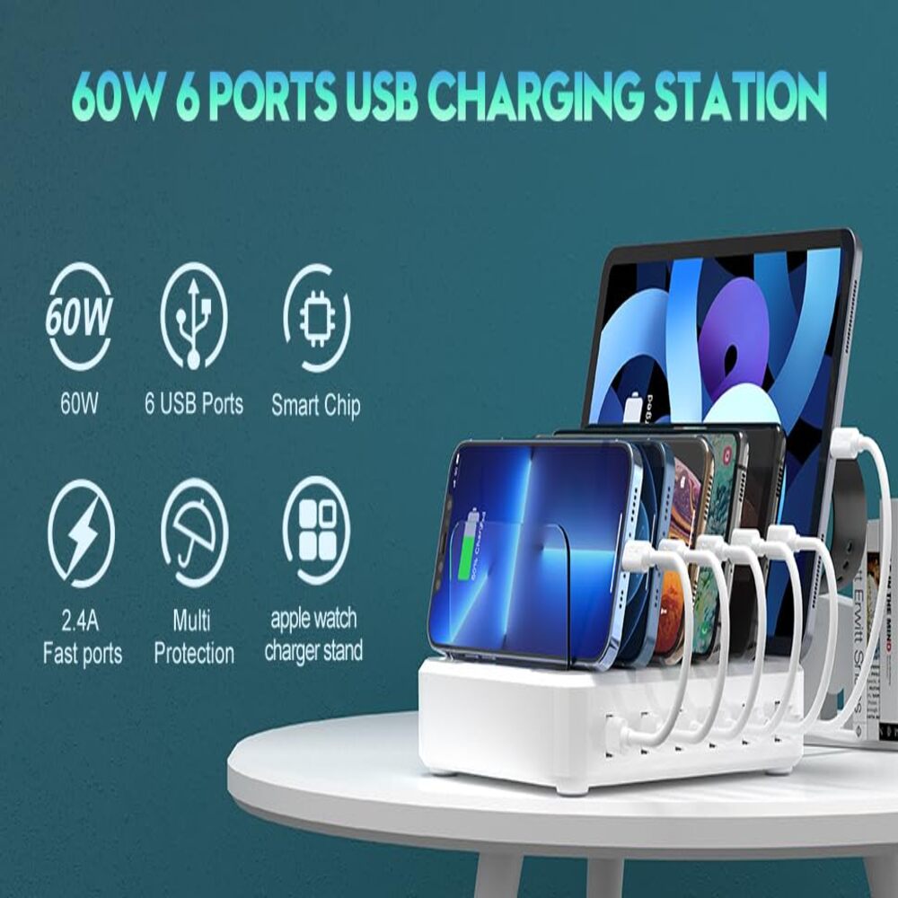 Multiple Device Fast Charging Station with 6-Port USB Organizer