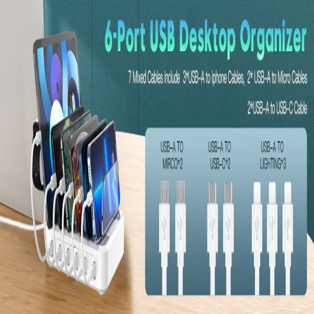 Multiple Device Fast Charging Station with 6-Port USB Organizer