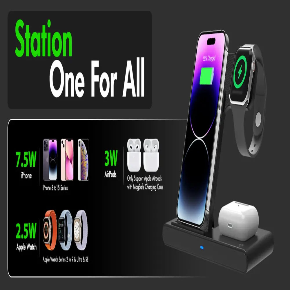 3 in 1 Wireless Charger Stand for iPhone, Apple Watch and AirPods Fast Charging Dock