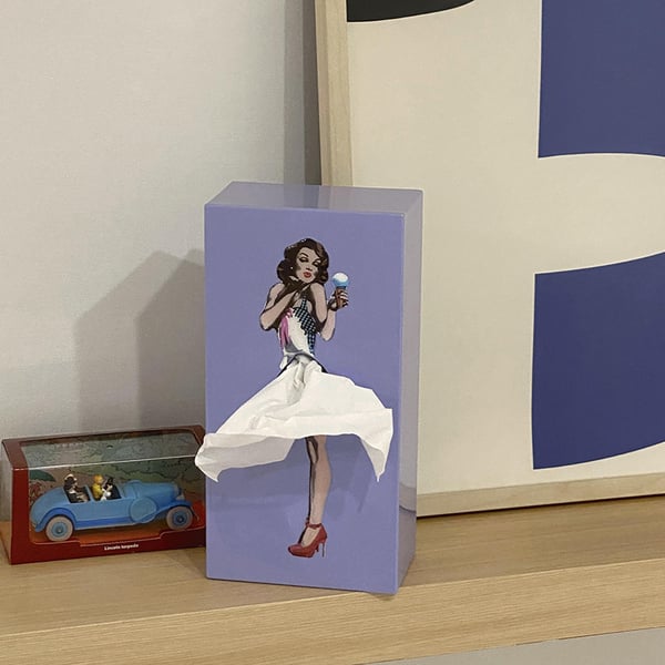 Tissue Box Cover with Billowing Skirt and Removable Weighted Base, Fits Standard Refills