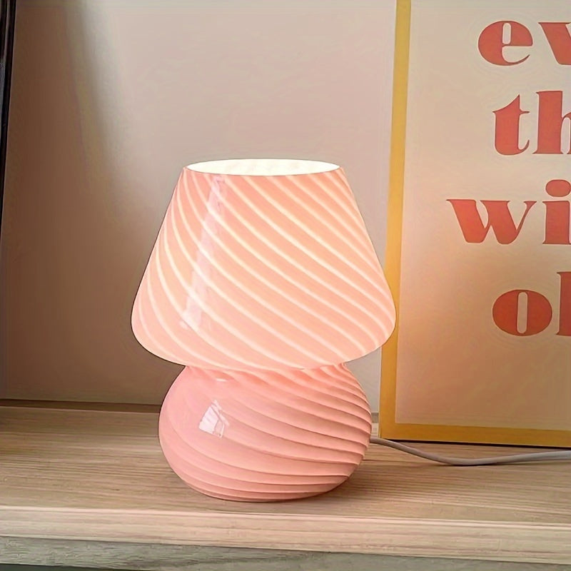 Glass Mushroom Table Lamp with Stepless Dimming and Integrated LED, Swirled Stripe Pattern