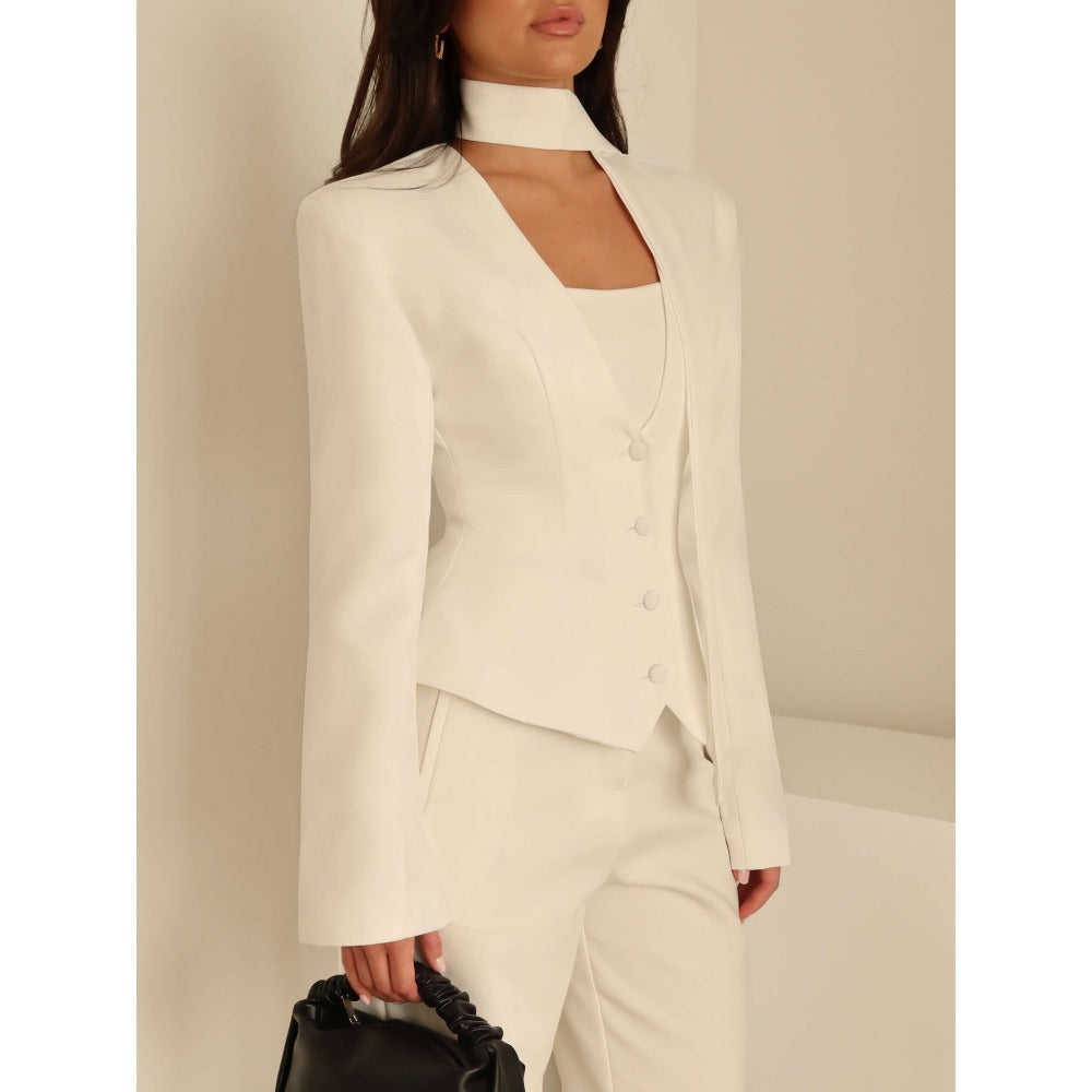 Women's Long Sleeve Blazer with Attached Scarf and Tailored Fit, Single-Breasted