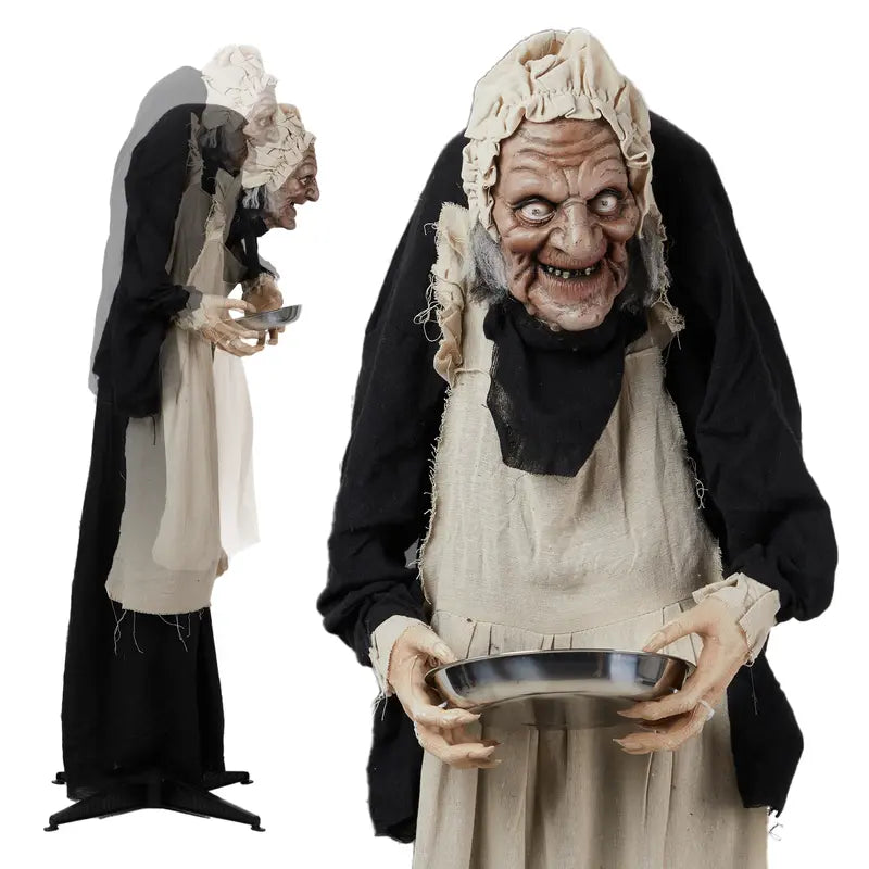 5ft Animated Halloween Figure with Sound-Activated Head Movement and Red LED Eyes, Candy Tray