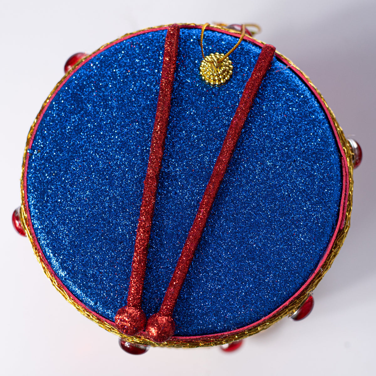 6" Glittered Harlequin Drum Ornament: Red & Blue detail photo 5