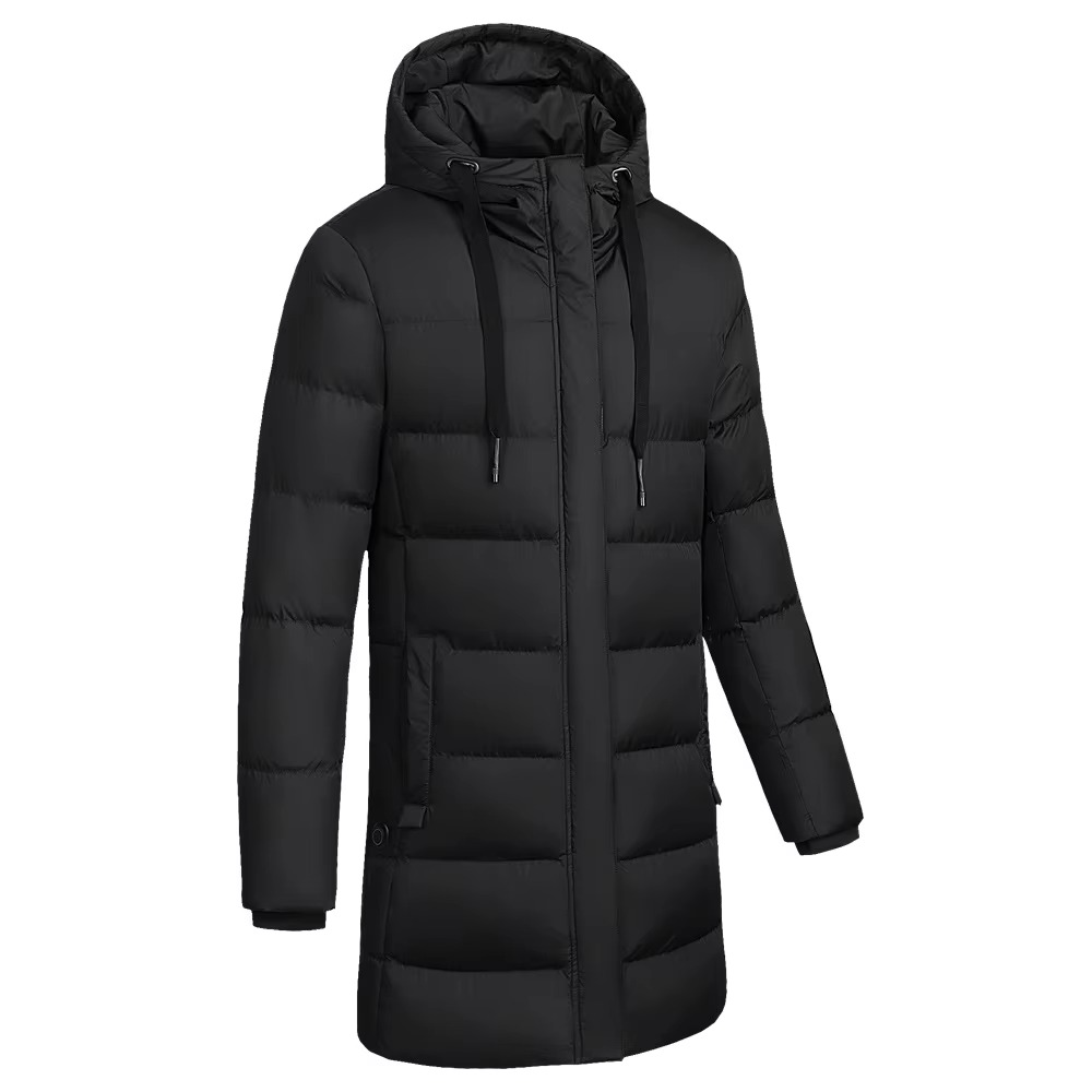 Heated Down Coat with Built-In Warming Panels and Attached Hood, Extended Length