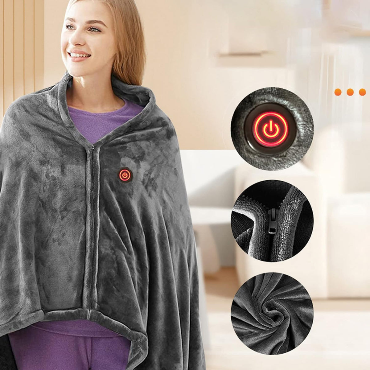 Heated Shawl with Three Temperature Settings and Zipper Closure, Machine Washable