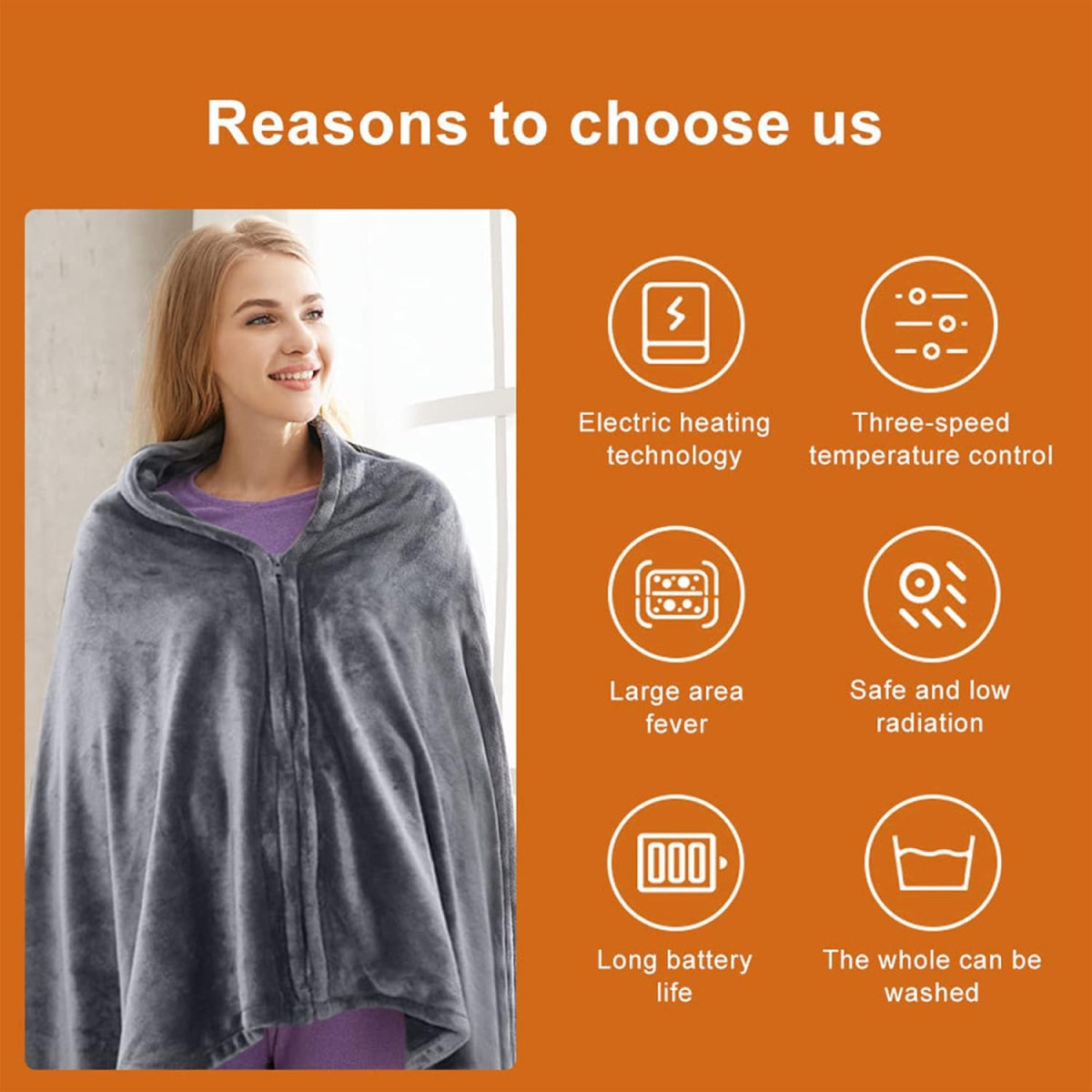 Heated Shawl with Three Temperature Settings and Zipper Closure, Machine Washable