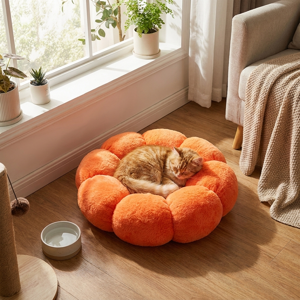 Plush Pet Bed with Raised Petal Rim and Polyester Fill, Three Sizes Available