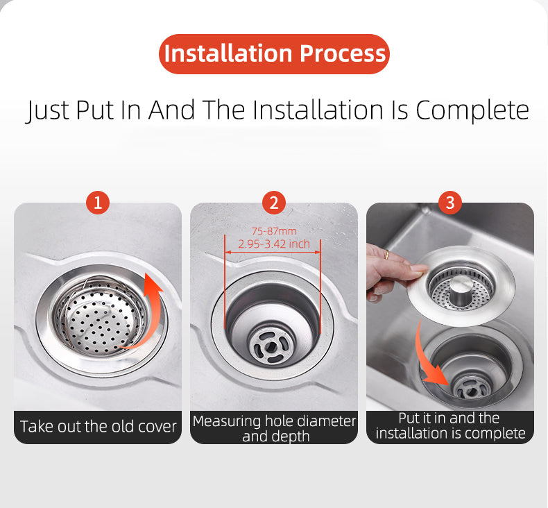 Push Button Sink Drain Strainer with Steel Basket and Silicone Seal
