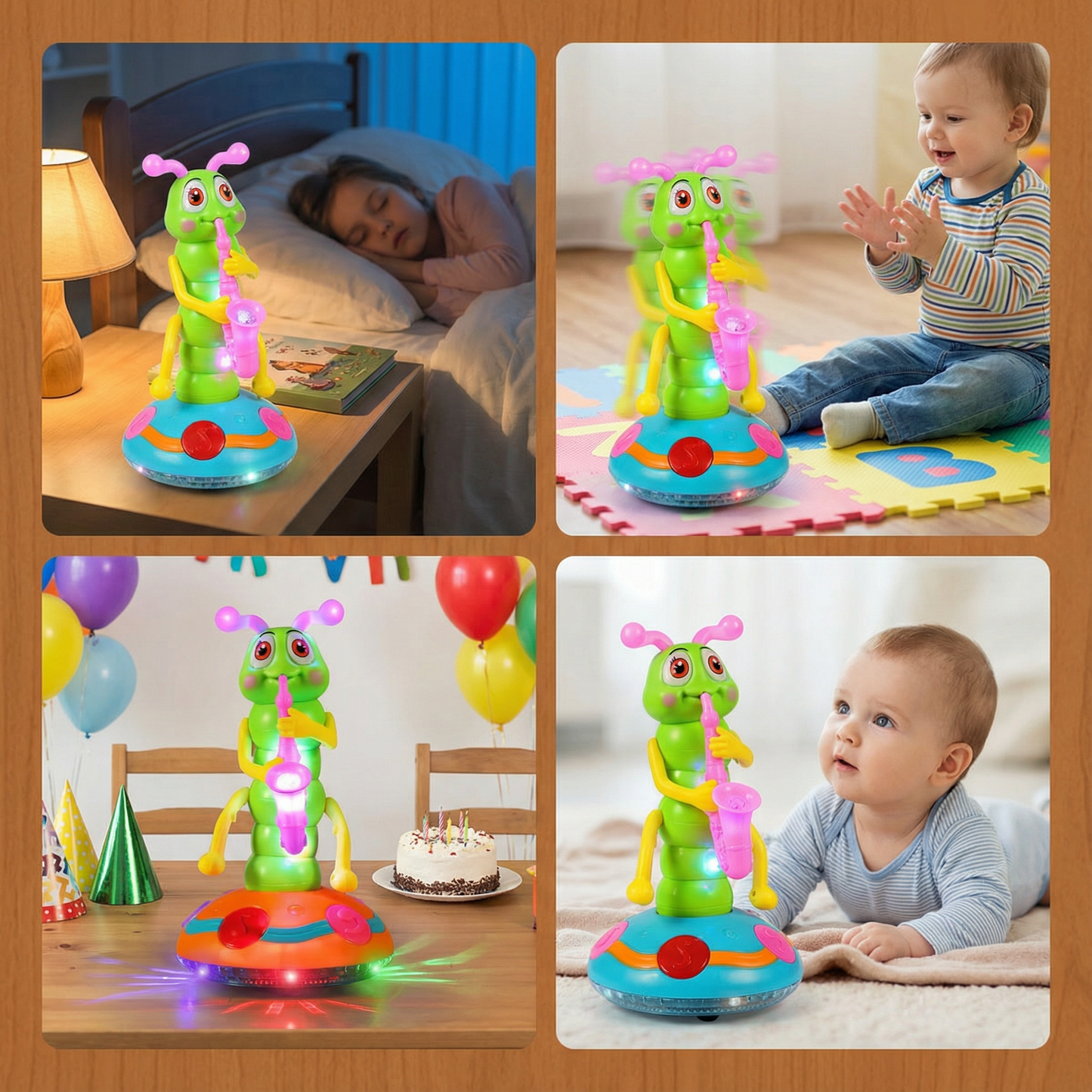 Spinning Saxophone Caterpillar Toy with LED Light Display and Music for Babies
