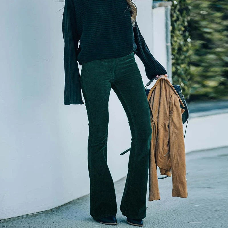 Stretch Velvet Pants with Elastic Waistband and Relaxed Straight Leg
