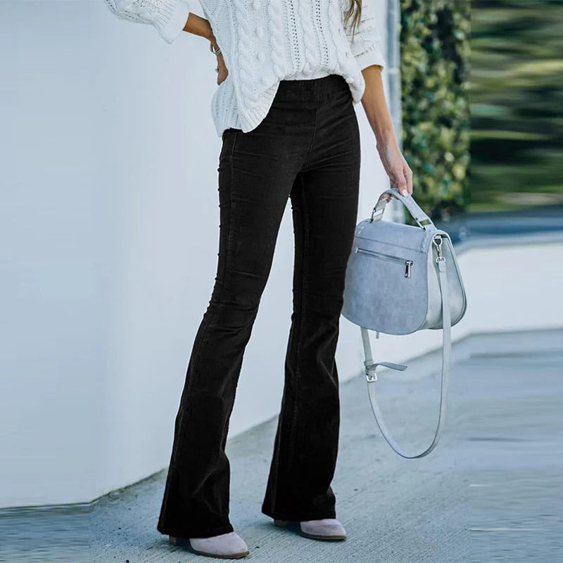 Stretch Velvet Pants with Elastic Waistband and Relaxed Straight Leg