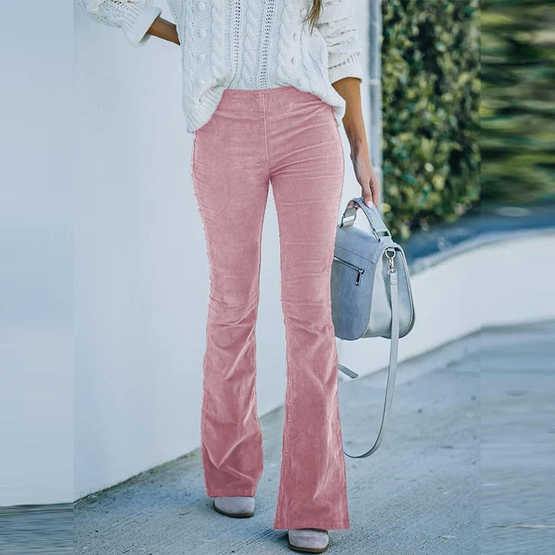 Stretch Velvet Pants with Elastic Waistband and Relaxed Straight Leg