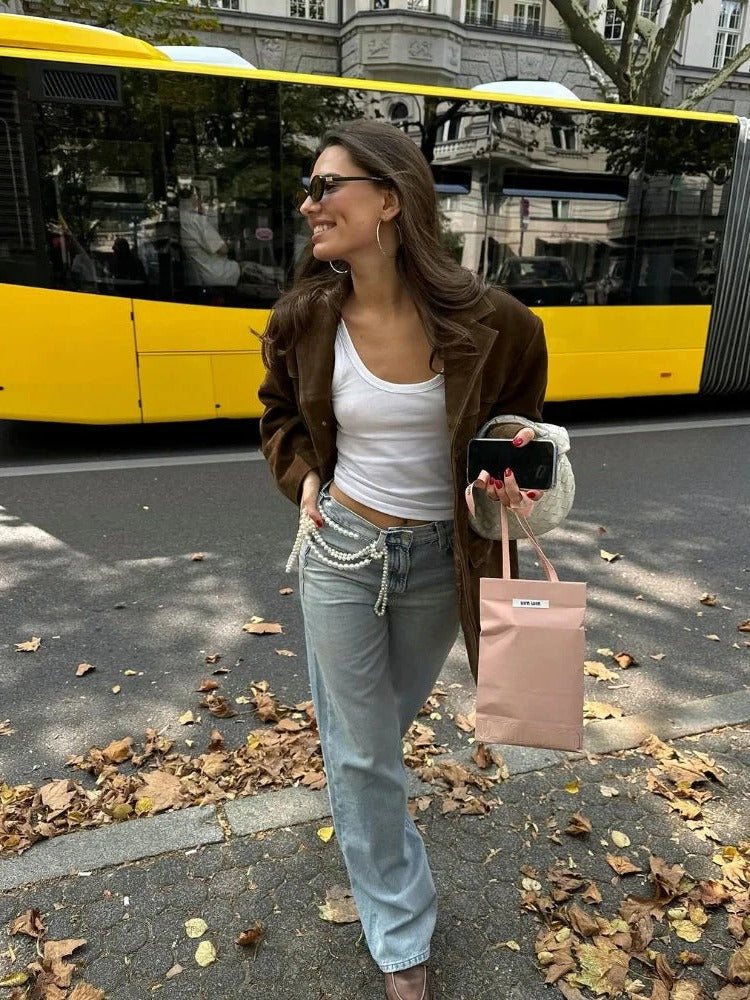 Women's Suede-Like Jacket with Tailored Lapel and Functional Pockets, Brown