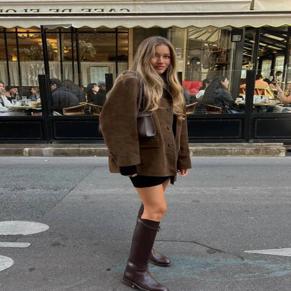 Brown Suede Jacket with Lapel Collar and Side Pockets for Women