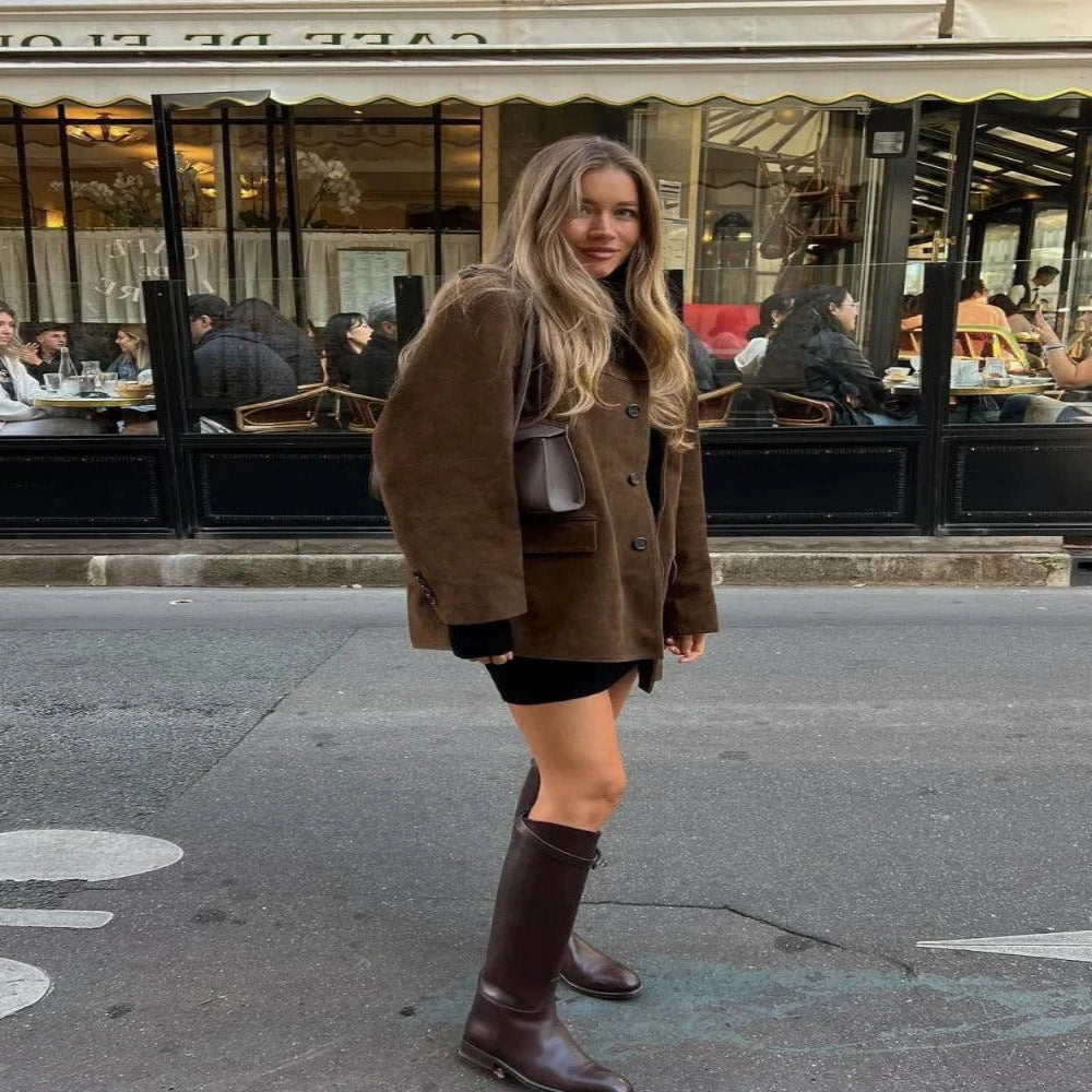 Brown Suede Jacket with Lapel Collar and Side Pockets for Women