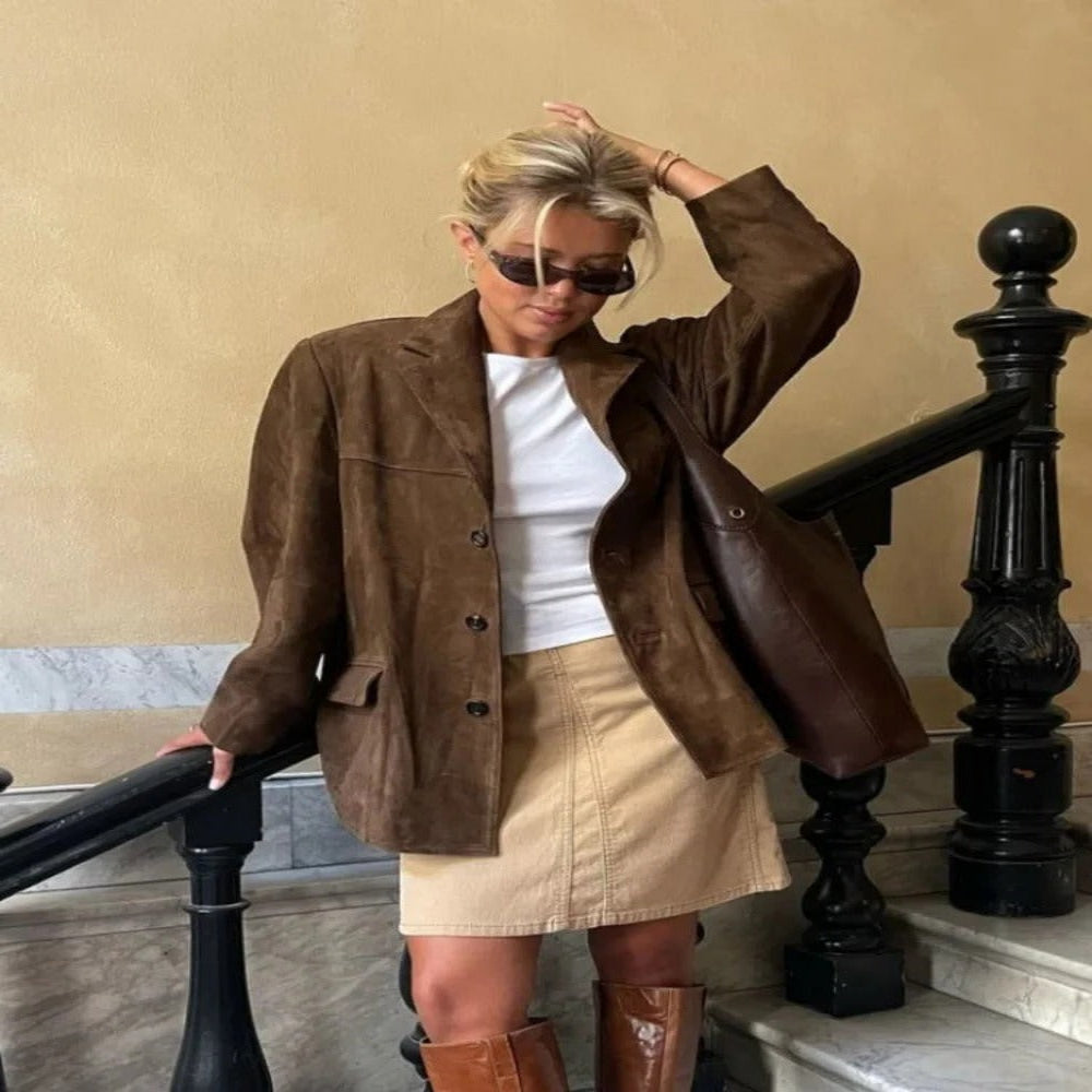 Brown Suede Jacket with Lapel Collar and Side Pockets for Women