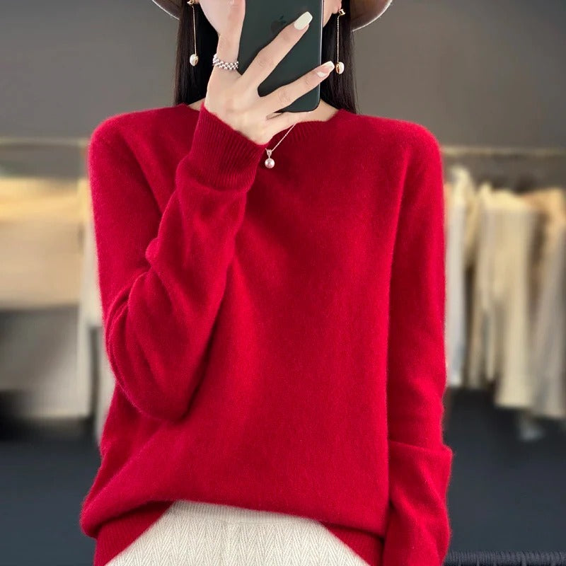Wool Sweater with O-Neck Collar and Medium Stretch, Slim Fit