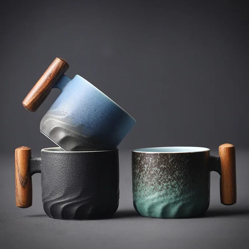 Ceramic Espresso Cup with Wooden Handle, 80ml Capacity