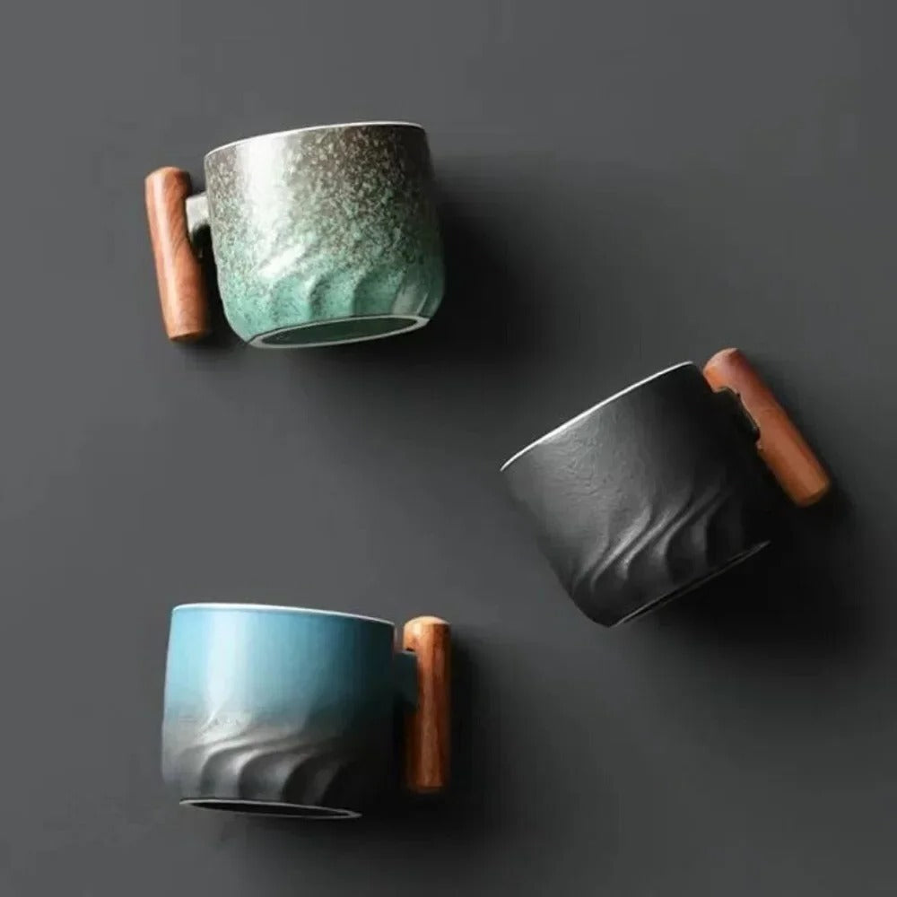 Ceramic Espresso Cup with Wooden Handle, 80ml Capacity